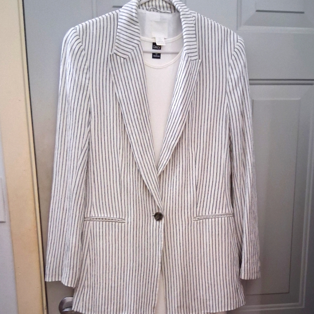 H&M White Cotton CREPE  Blazer with Navy Stripes